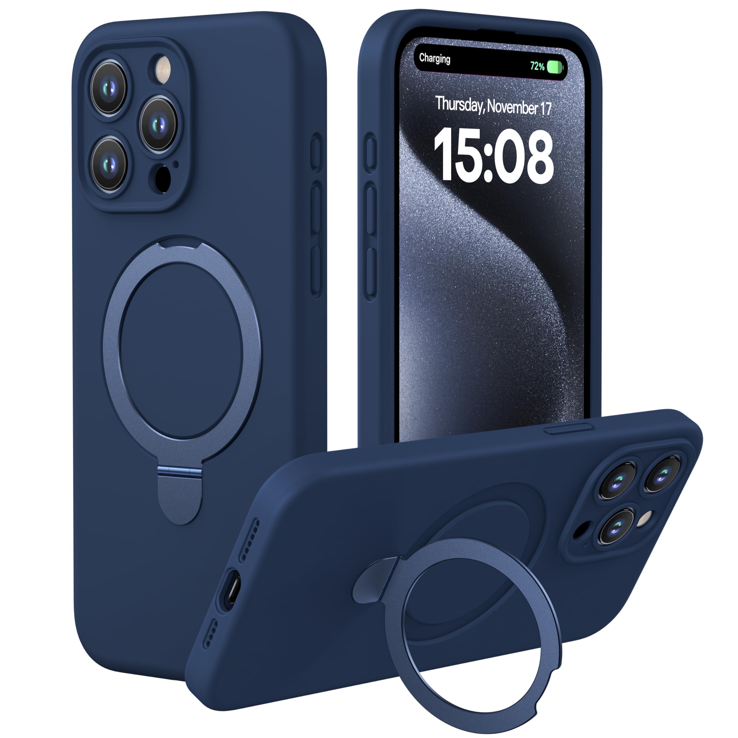 Photo 1 of CellEver Strong Magnetic Case for iPhone 15 Pro [for MagSafe Charging] [Camera Protection] Heavy-Duty Protection, Soft Grip Silicone Cover with Kickstand, Navy Blue