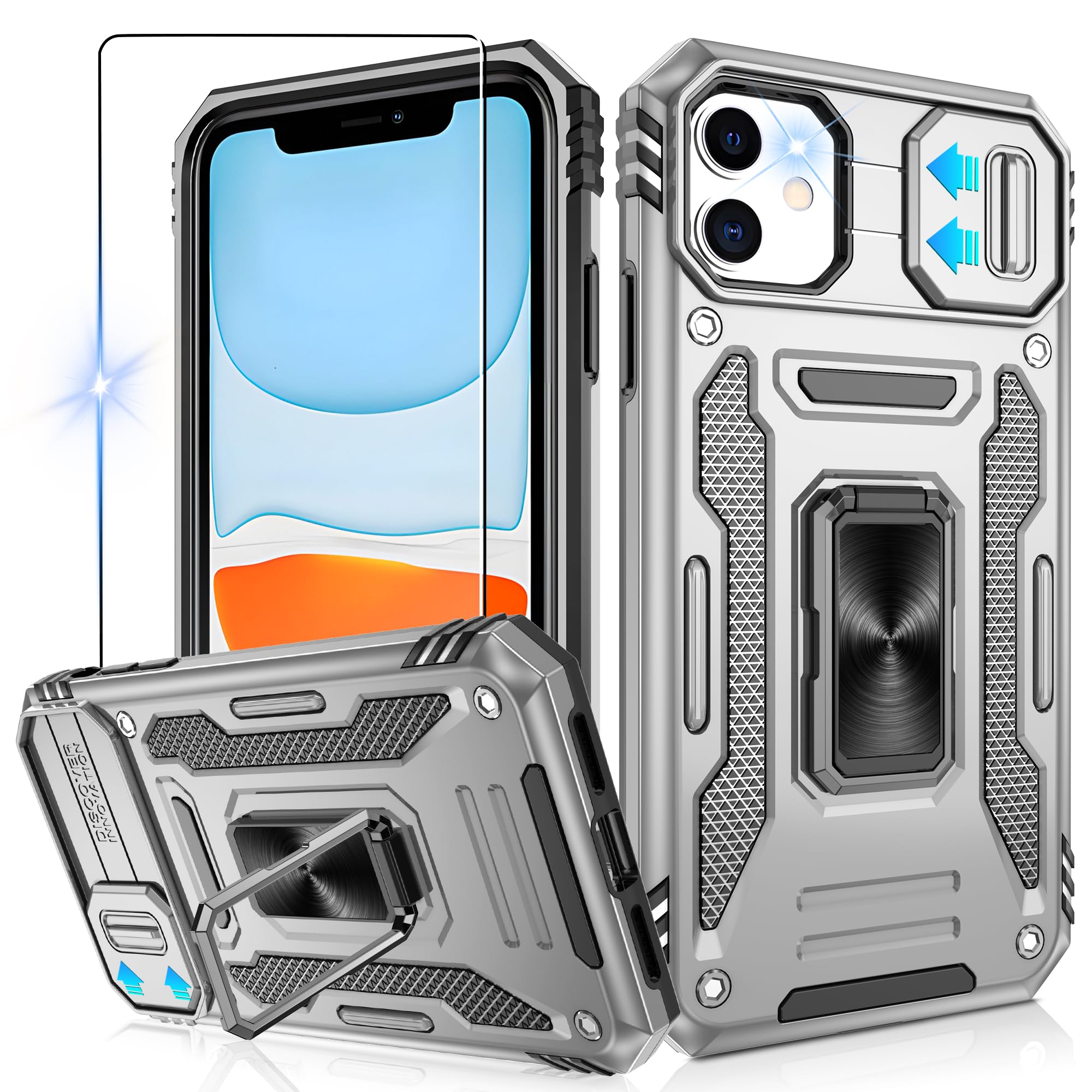 Jshru for iPhone 11 Phone Case with Slide Camera Cover [Upgrade],Military Grade Shockproof iPhone 11 Case with Ring Kickstand, Anti-Scratch Armour Phone Cover for iPhone 11 (6.1 inch),Grey — image 1