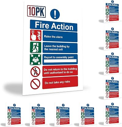 RubiGo Fire Action Notice Sign 20x15cm 10 Pack Self Adhesive High Gloss