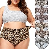 Feihtl Plus Size Leopard Print Underwear Women Panties XL-5XL Ladies Briefs Medium High Waisted 6 Pack Cheetah Print Undies