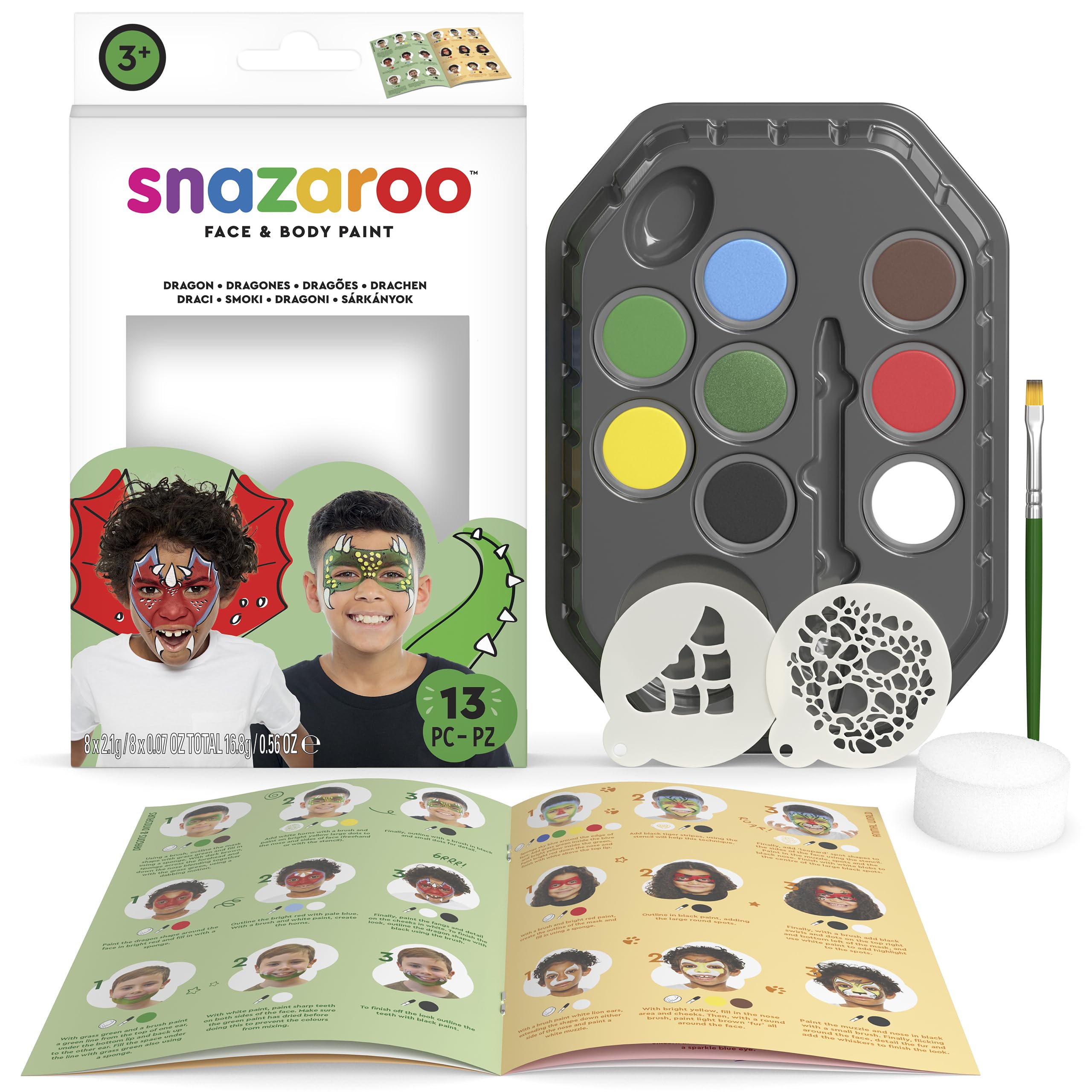 Snazaroo Dragons & Dinosaurs Face Painting Palette Kit for Kids & Adults, 8 Colours, 13pcs, Stencils, Brush, Sponge, Guide, Water Based, Easily Washable, Non-Toxic, Makeup, Body Painting & Parties