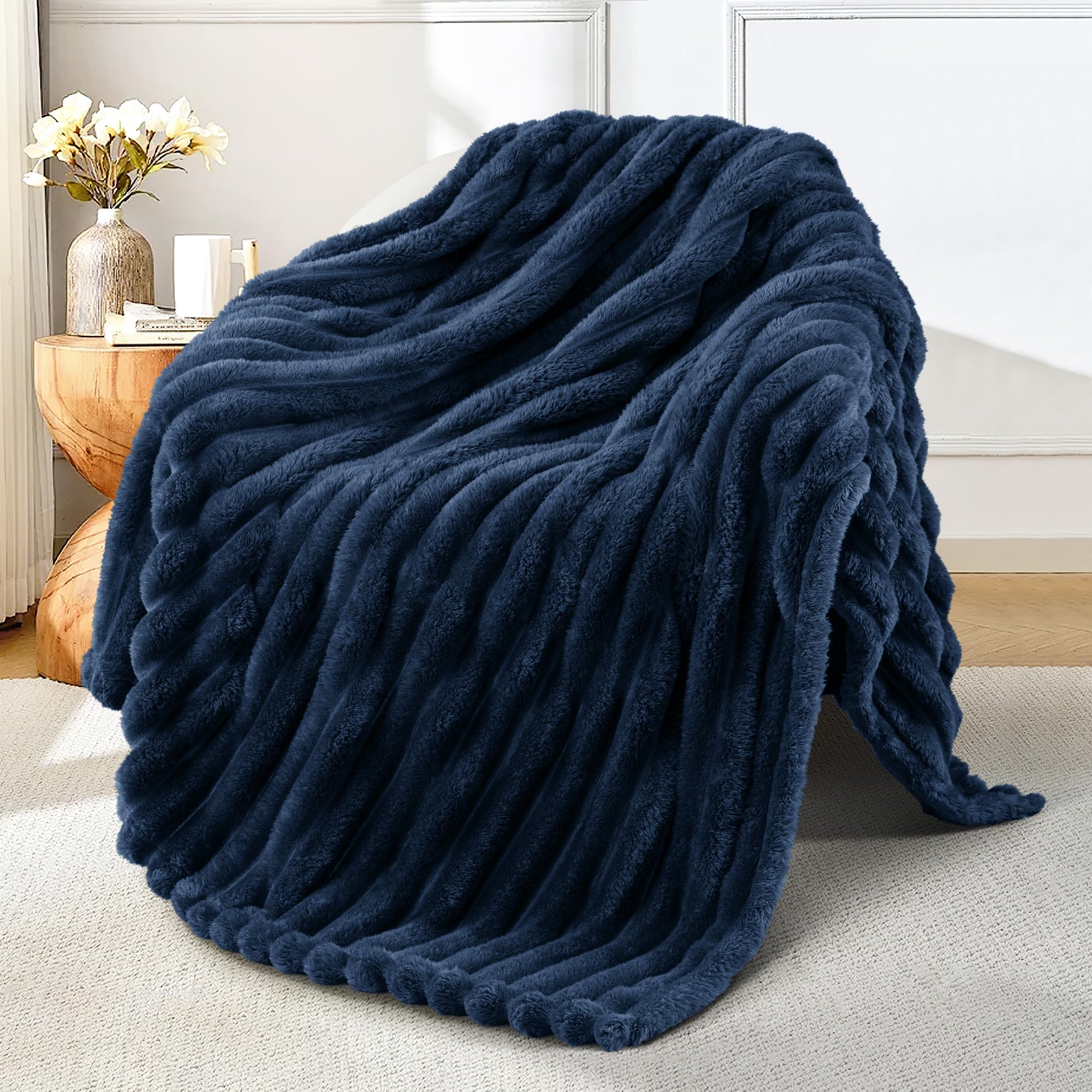 Photo 1 of Exclusivo Mezcla Fleece Throw Blanket for Couch, Super Soft Striped Jacquard Bed Blanket, Lightweight Fuzzy Cozy for All Seasons, 50x60 Inches, Navy Blue