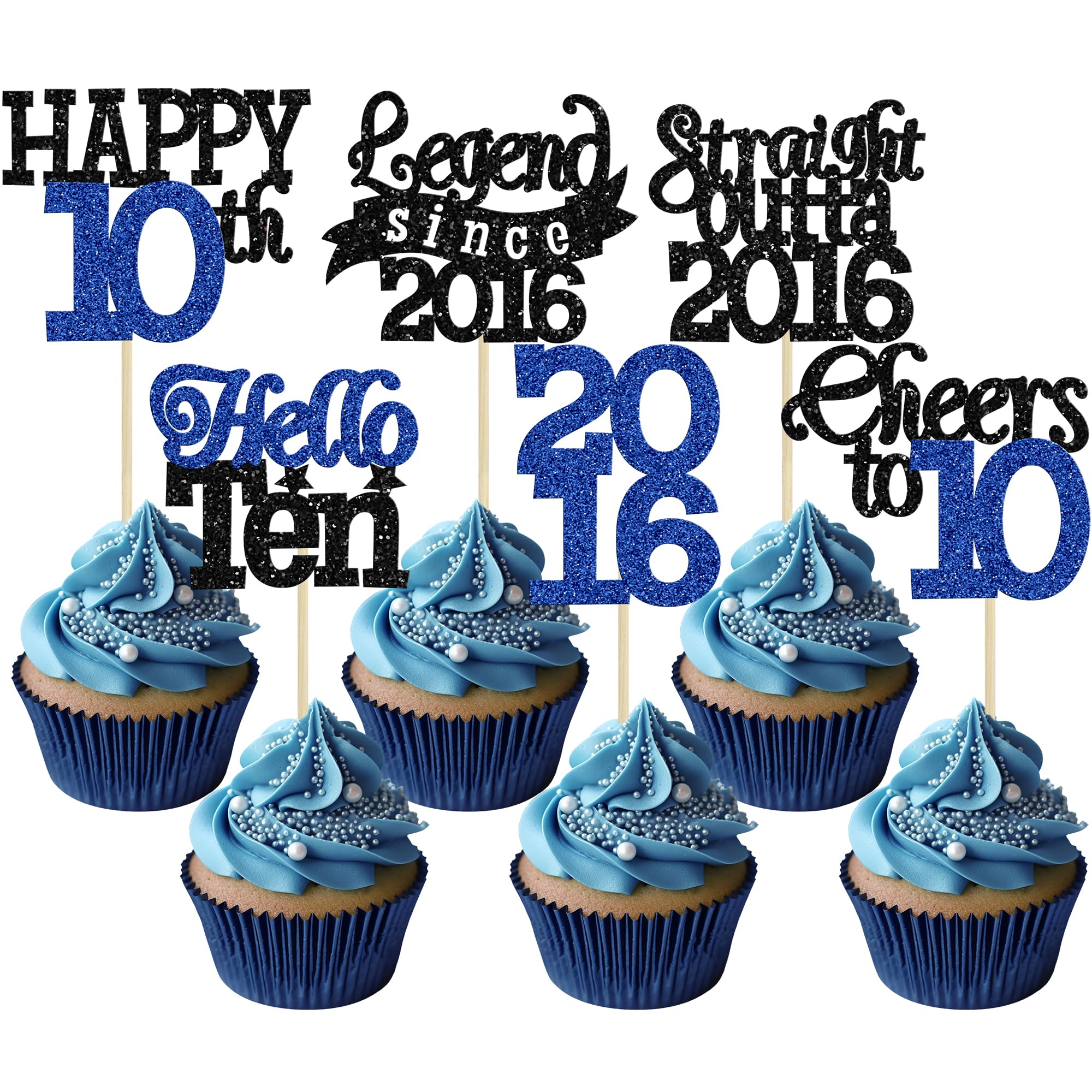 Gyufise 24Pcs Happy 10th Birthday Cupcake Toppers Hello Ten Legend Since 2016 Cupcake Picks Cheers to 10 Years Cake Decorations for 10th Birthday Anniversary Party Supplies Black Blue