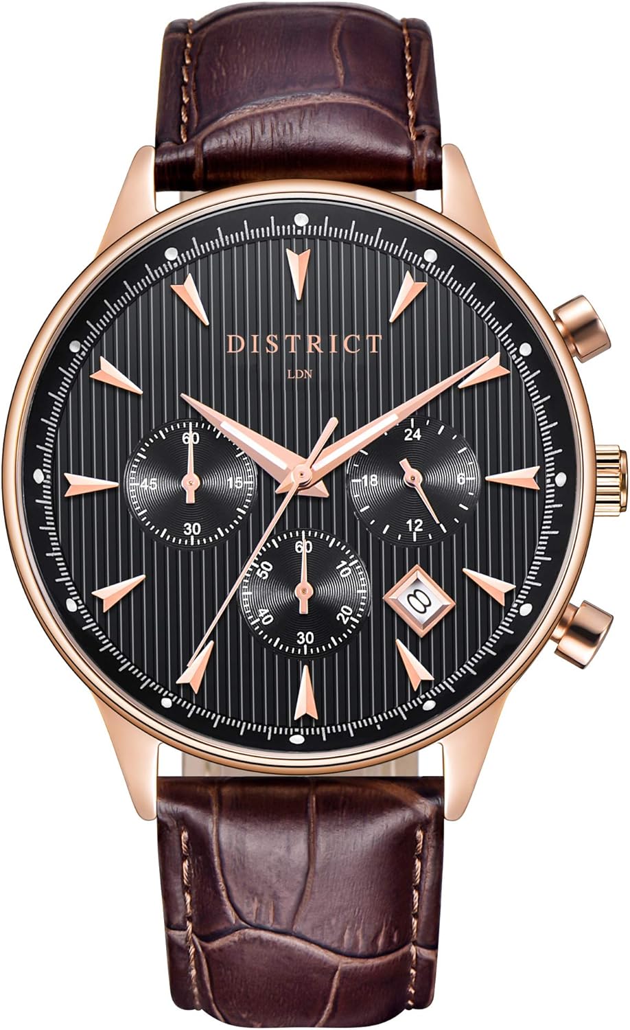 District London Mens Slim Rose Gold Watch with Brown Leather Strap and