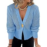 Cicy Bell Womens Cropped Crochet Cardigans Hollow Out Button Down Lantern Sleeve Knit Sweaters Casual Mesh Loose Fit Cover Up
