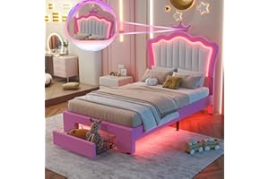 Linique Twin Size Upholstered Bed Frame with LED Lights, Modern Upholstered Princess Bed with Crown Headboard, a Drawer, Pink+White