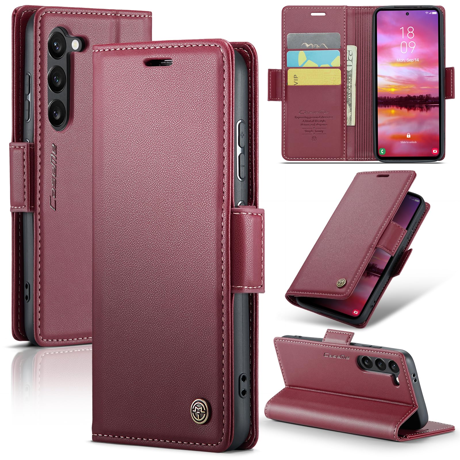 UFinetech Durable Case for Galaxy S24 - Slim Card Holder Wallet with RFID Blocker - Shockproof Flip Cover, Butterfly Clasp, Magnetic Closure, Kickstand, Anti-Scratch Camera Protection, Wine Red