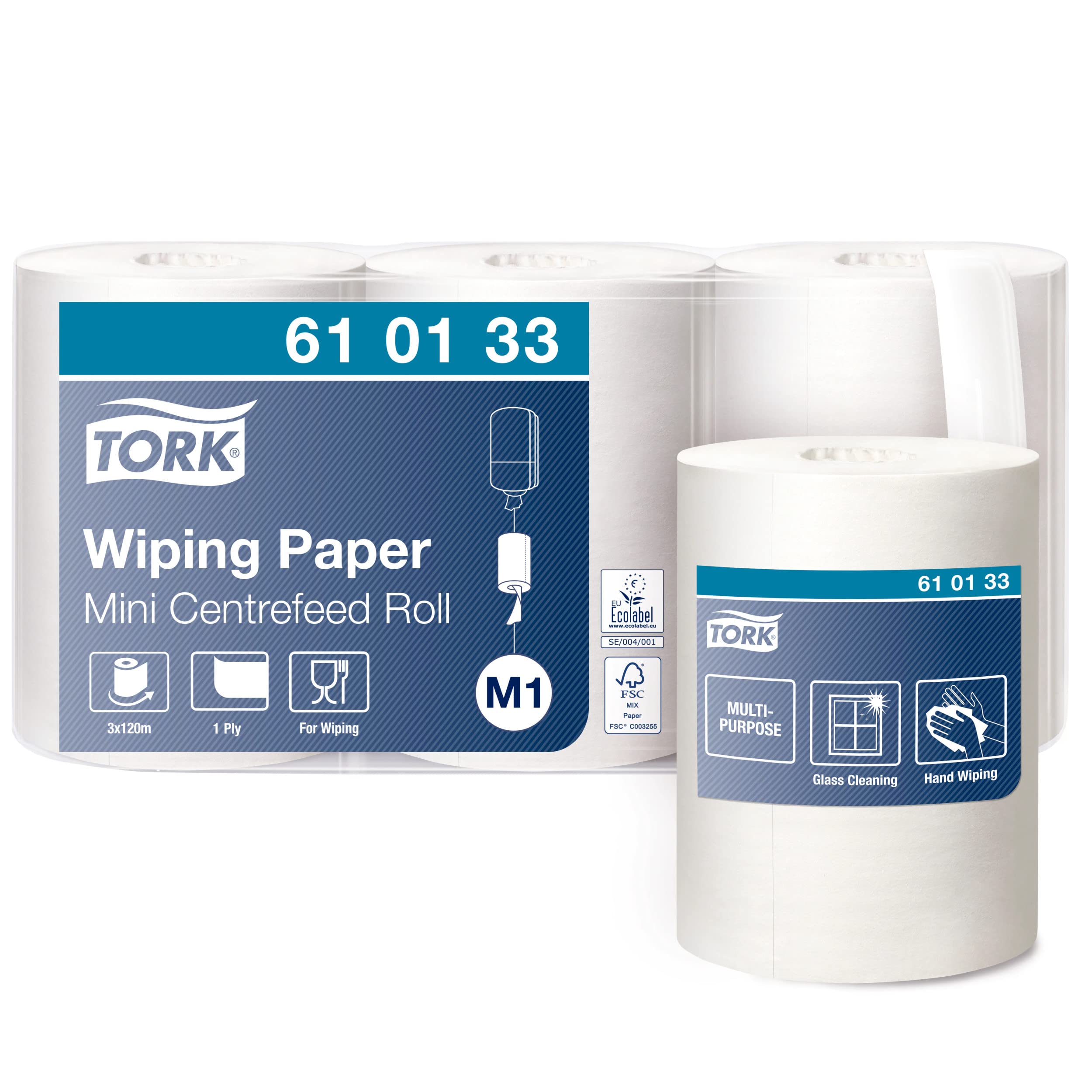 Tork Centrefeed Wiping Paper Roll White M1, Hand and Surface Wiping, 3 x 120m, 610133