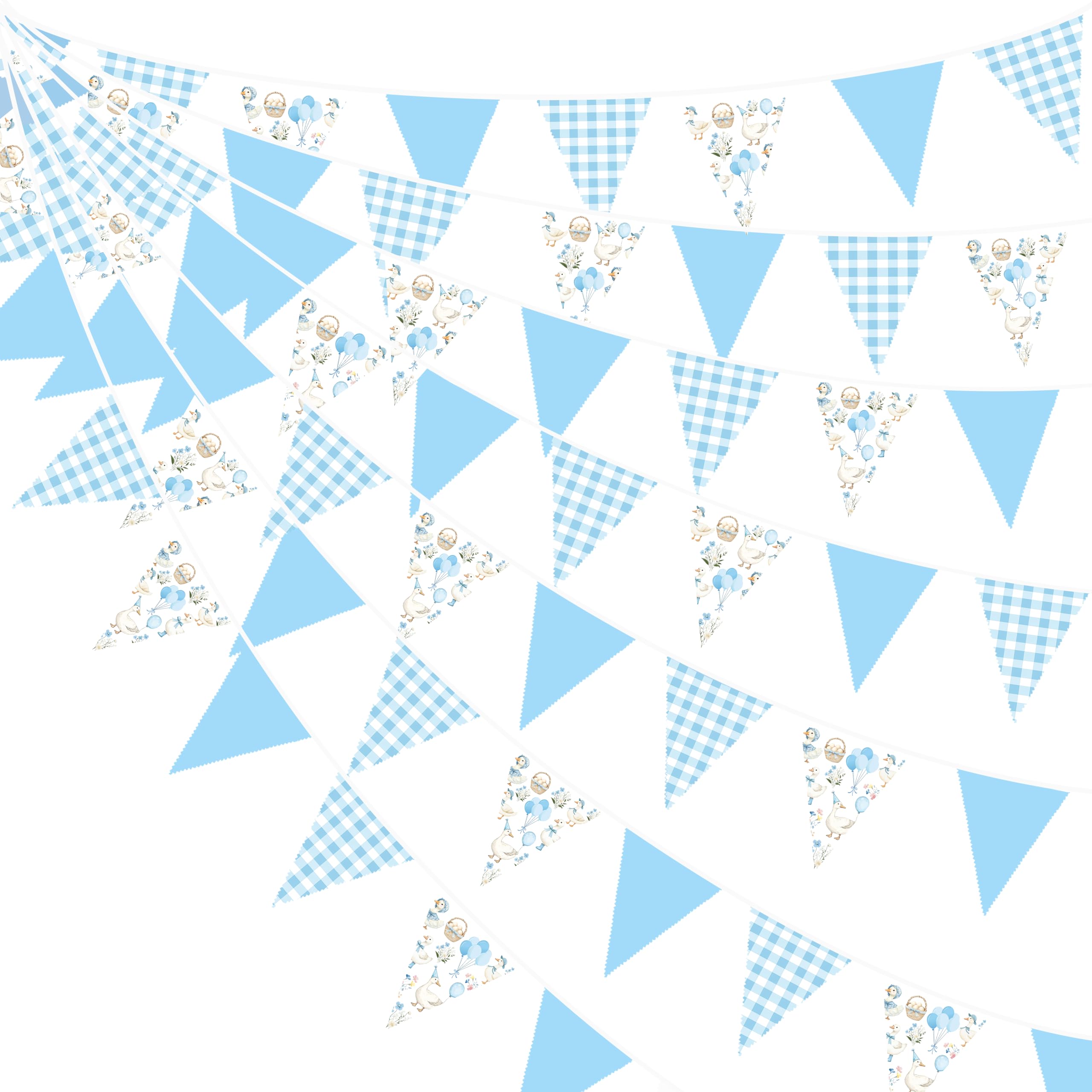 Photo 1 of 32Ft Goose Party Decorations Blue Gingham Plaid Silly Goose Themed Fabric Banner Triangle Pennant Flag Garland Streamers for Kids Boys Farm Animals First Birthday Baby Shower Duck Garden Supplies
