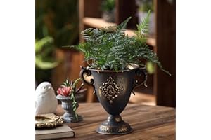 NOONEAU Vintage Urn Planter, 8.3" Distressed Brass Metal Vase with Embossed Design, European Shabby Chic Centerpiece for Mantel, Table, Entryway or Living Room Decor