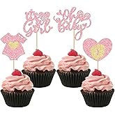 Ephlyn 24Pcs Happy Valentine's Day Oh Baby Cupcake Toppers Glitter Baby Feet Onesie Heart It's a Girl Cupcake Picks for Baby Shower Birthday Party Cake Decorations Supplies Pink