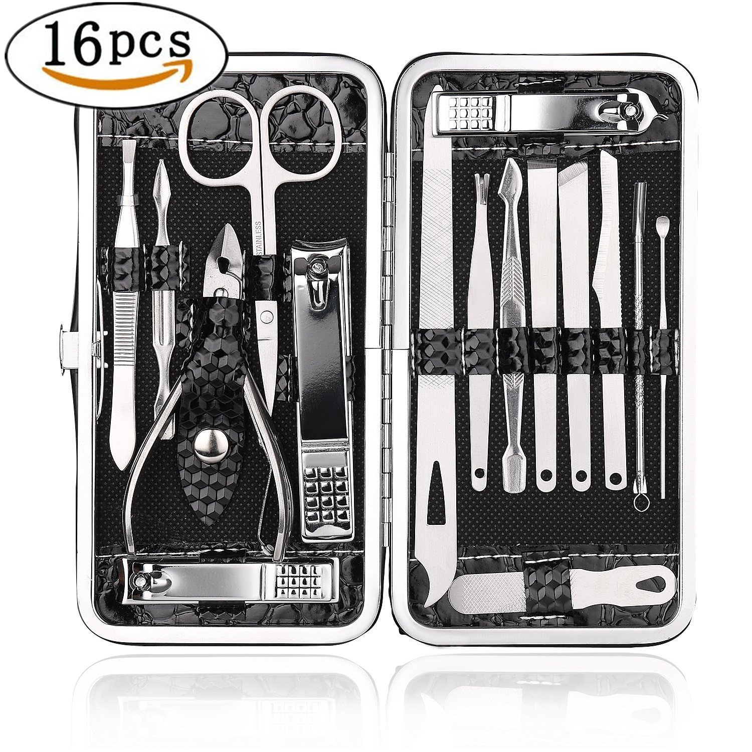 Teamkio Manicure Pedicure Set Nail Clippers Travel Hygiene Kit Stainless Steel Professional Nail Cutter Care Set Scissor Tweezer Knife Ear Pick Utility Tools Grooming Kits with Leather Case 16 pcs