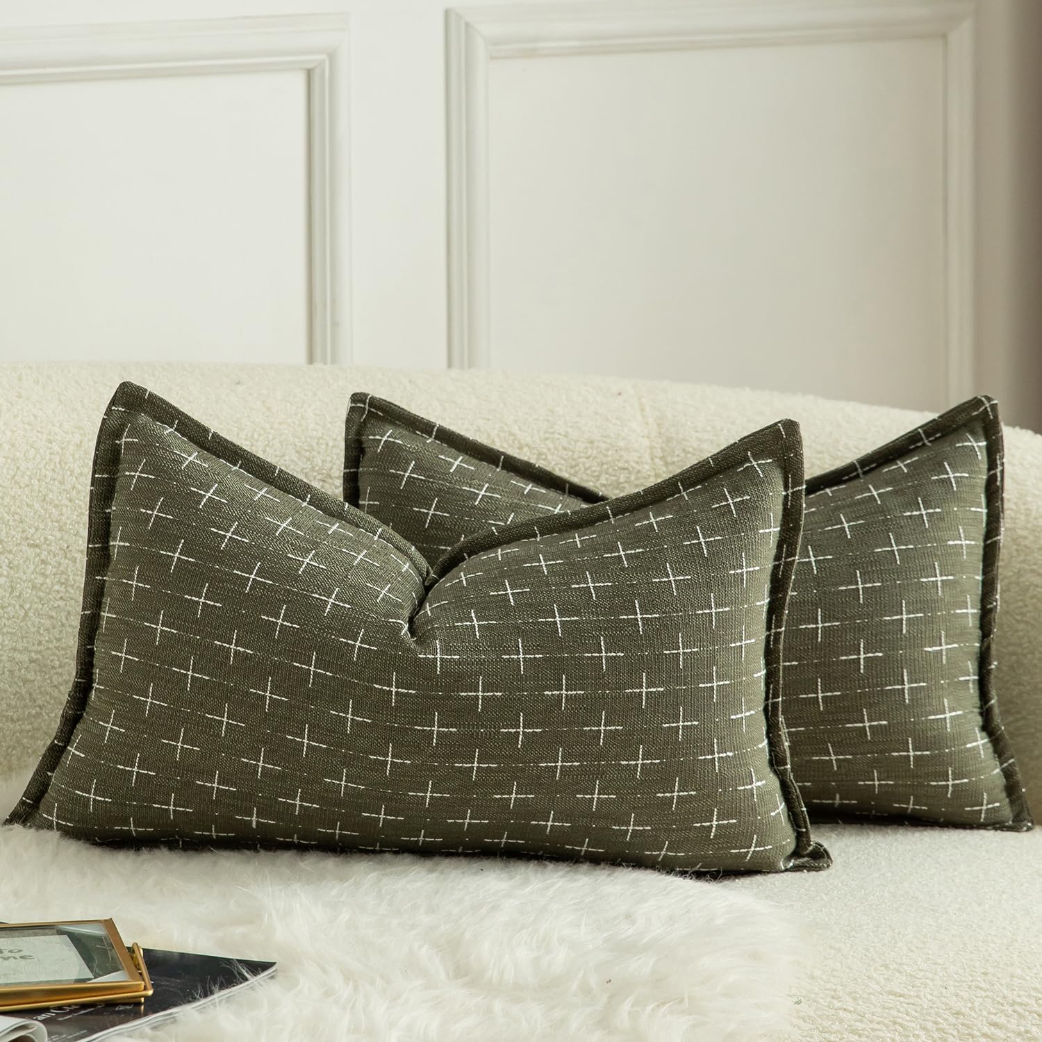 Photo 1 of MANDIOO Pack of 2 Burlap Linen Throw Pillow Covers Woven Textured Modern Farmhouse Cushion Covers Pillowcase Decorative Couch Sofa Bed Living Room 12 x 20 Inch Olive Green