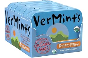 Organic Breath Mints by VerMints, PepperMint Flavor, All Natural, Non-GMO, Nut Free, Gluten Free, Vegan, KSA Kosher, Pack of 6, 1.41oz Tins