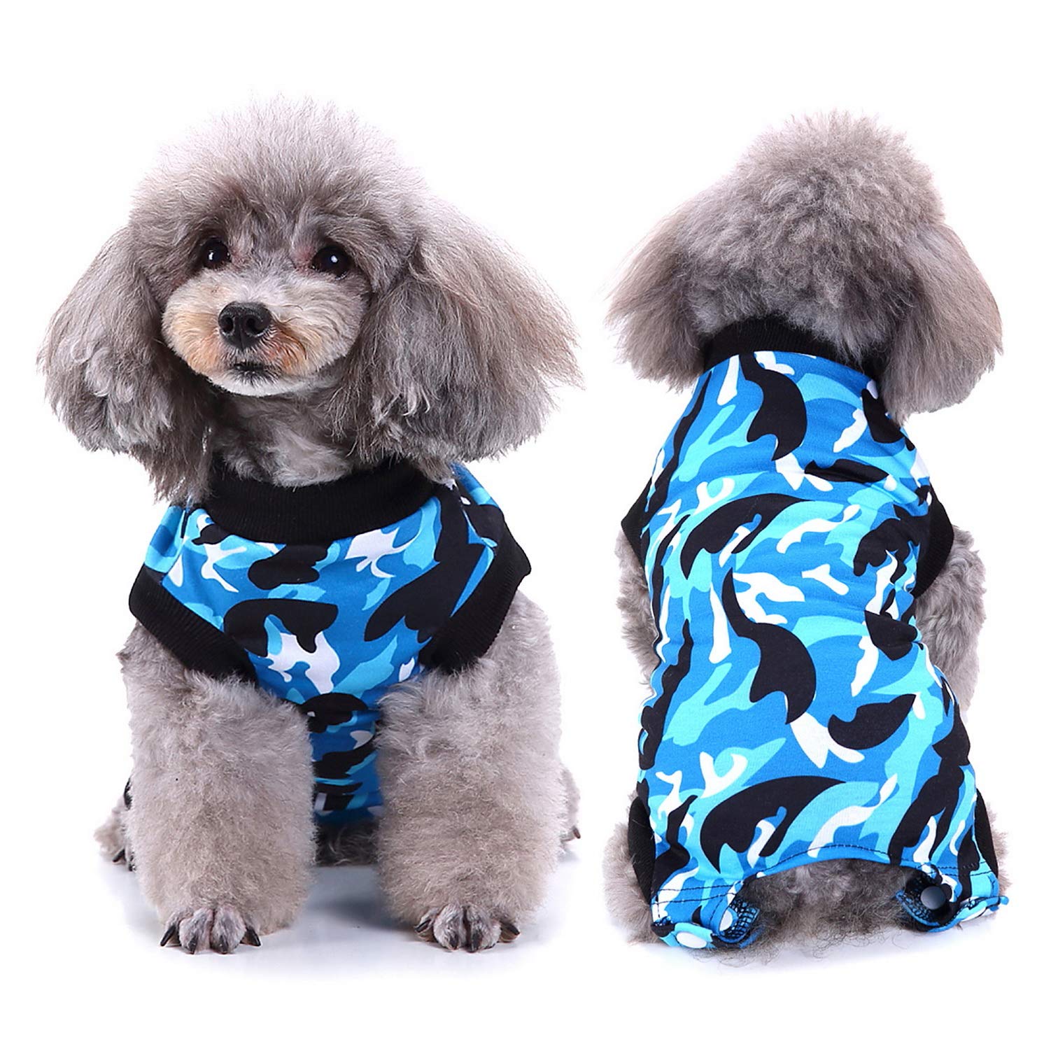 SELMAI Dog Recovery Body Care Prevent Licking E Collar Alternative Puppy Clothes Pet Cat Wearing for Skin Diseases Wounds Post Operative Body Suit One Piece Fashion Camouflage Design, Blue S