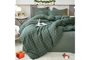 VM VOUGEMARKET Linen Cotton Duvet Cover Queen,3 Pcs Yarn-Dyed Textured Duvet Cover Set Green Flower Geometric Bedding Set,Ultra Soft and Breathable Comforter Cover Set