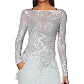 Women's Long Sleeve See Through Glitter Tops Ladies Boat Neck Mesh Sheer Sparkly Sexy Tight Blouses
