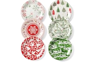 Metahom Christmas Salad Plates, 8 Inch Ceramic Dessert Plate Set, Appetizer Plates for Pasta, Side Dishes, Holiday Treats, Di