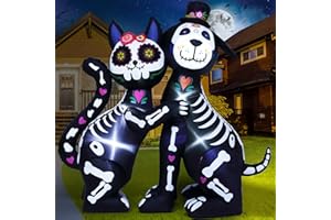 Funflatable 6 FT Halloween Inflatables Skeleton Black Cat and Dog Day of The Dead Outdoor Decorations, Inflatable Halloween Blow Up Yard Decorations with Built-in LED Lights for Yard Lawn Garden Decor