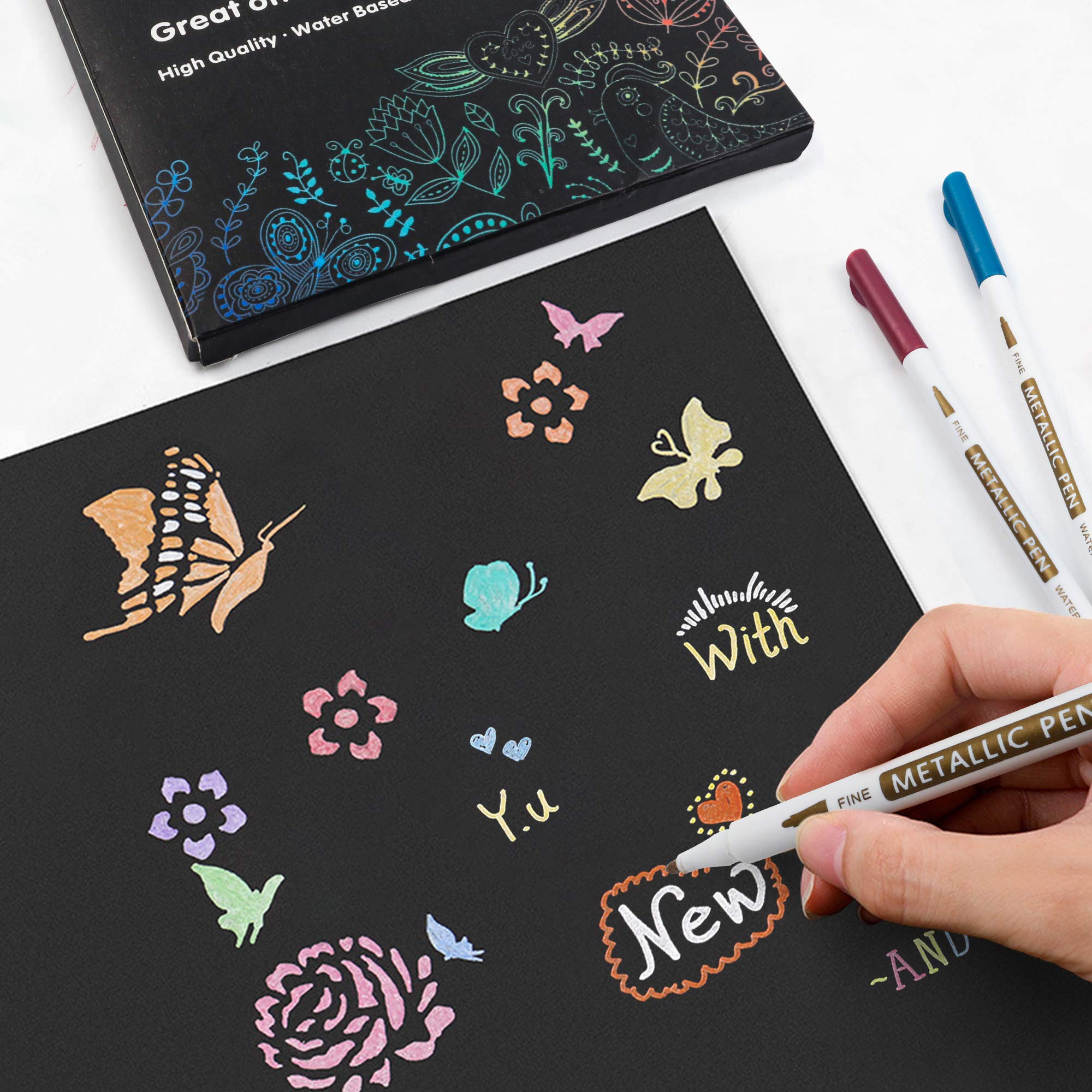 18 Pack Metallic Marker Pens, Lineon 16 Colors Fine Tip Paint Pens with 2 Stencils for DIY Craft Photo Album Rock Art Painting Card Making Glass Wood