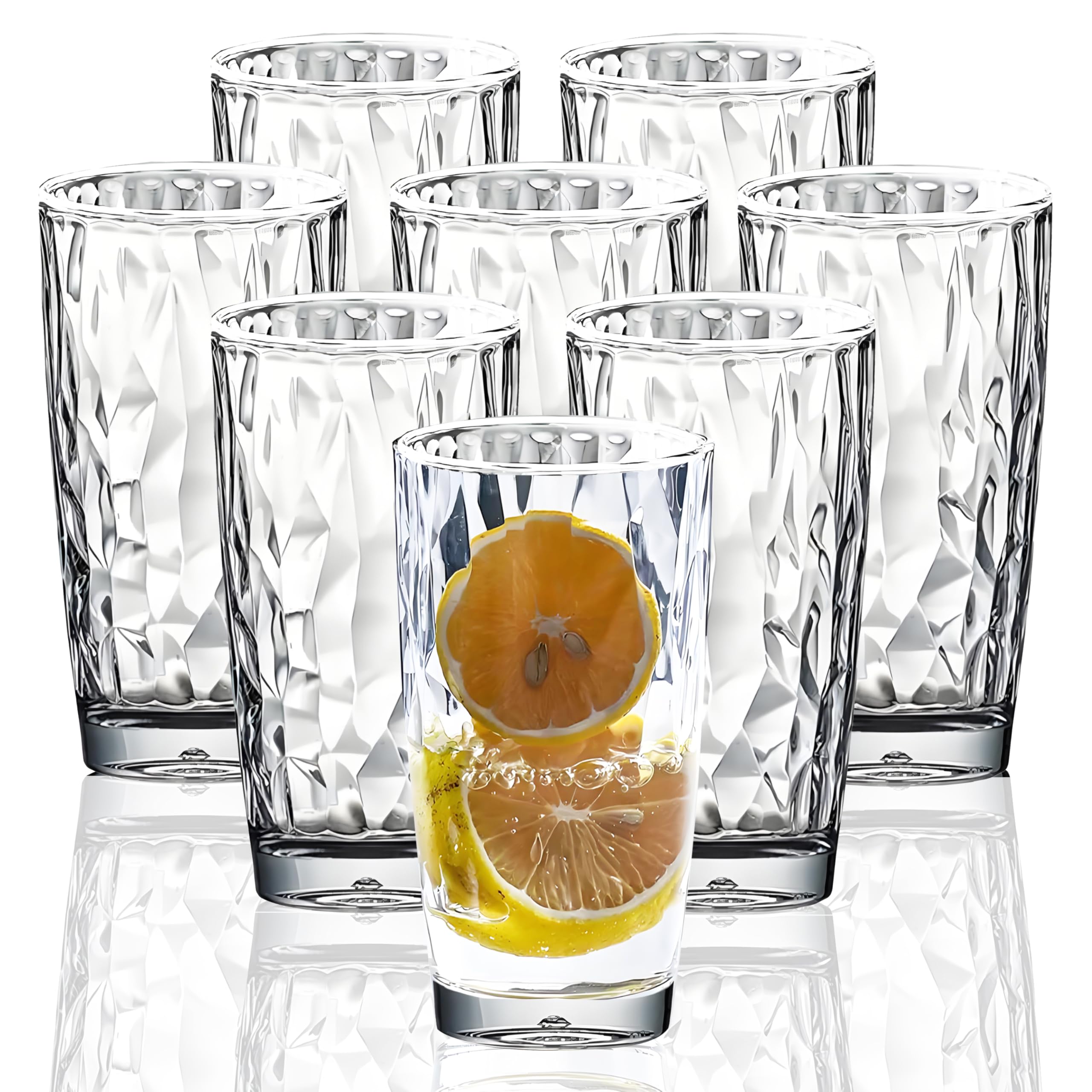 [Look Like Glass] 450ml 8-Piece Premium Unbreakable Drinking Glasses Plastic Tumblers Dishwasher Safe BPA Free Acrylic Juice Glasses Highball Water Glasses (Clear)