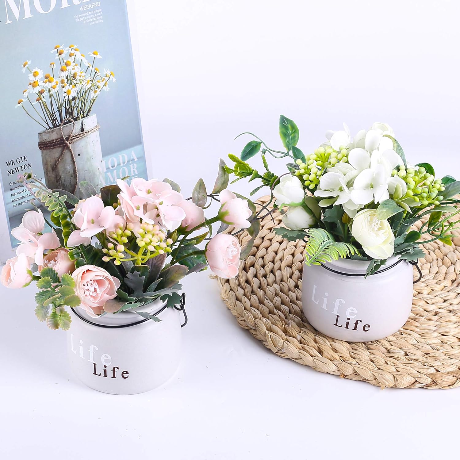 Amazon Com Lueur Artificial Flowers In Ceramic Vase 2 Pack Potted Fake Floral Flower Hanging Wall Silk Flower Arrangement Bonsai For Wedding Home Party Table Centerpieces Decoration White Pink Kitchen Dining