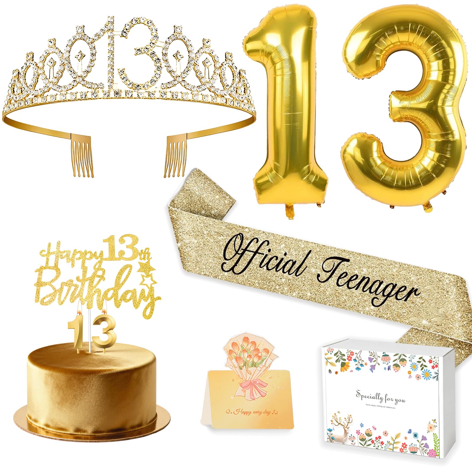 Photo 1 of 13th Birthday Decorations for Girls with 13th Birthday Sash and Crown, Number Balloons, Birthday Card, Cake Topper and Candles, 13 Year Old Girl Gifts for Her, Gold