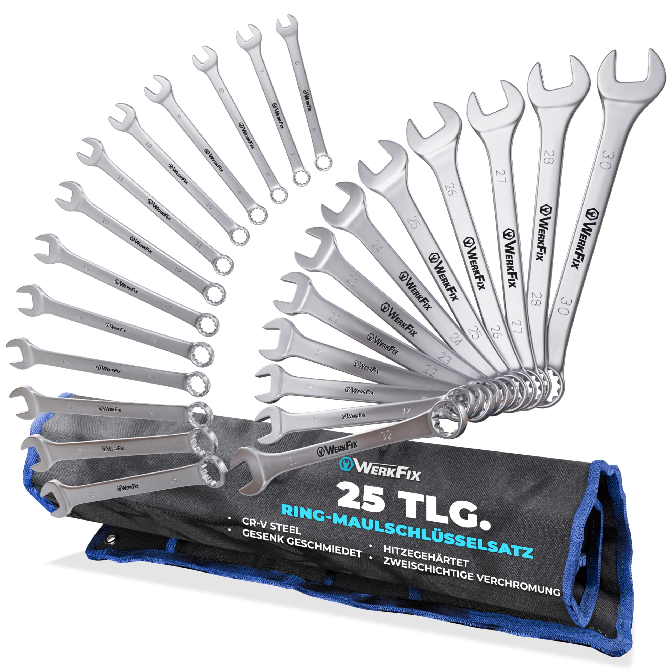 S&R WerkFix Combination Spanner Set 25 pcs 6–32 mm – Metric Spanner Set in Roll Bag | Cr-V Steel, Laser-Marked, Matt Finish | 15° Offset Ring for Access | Spanners & Wrenches