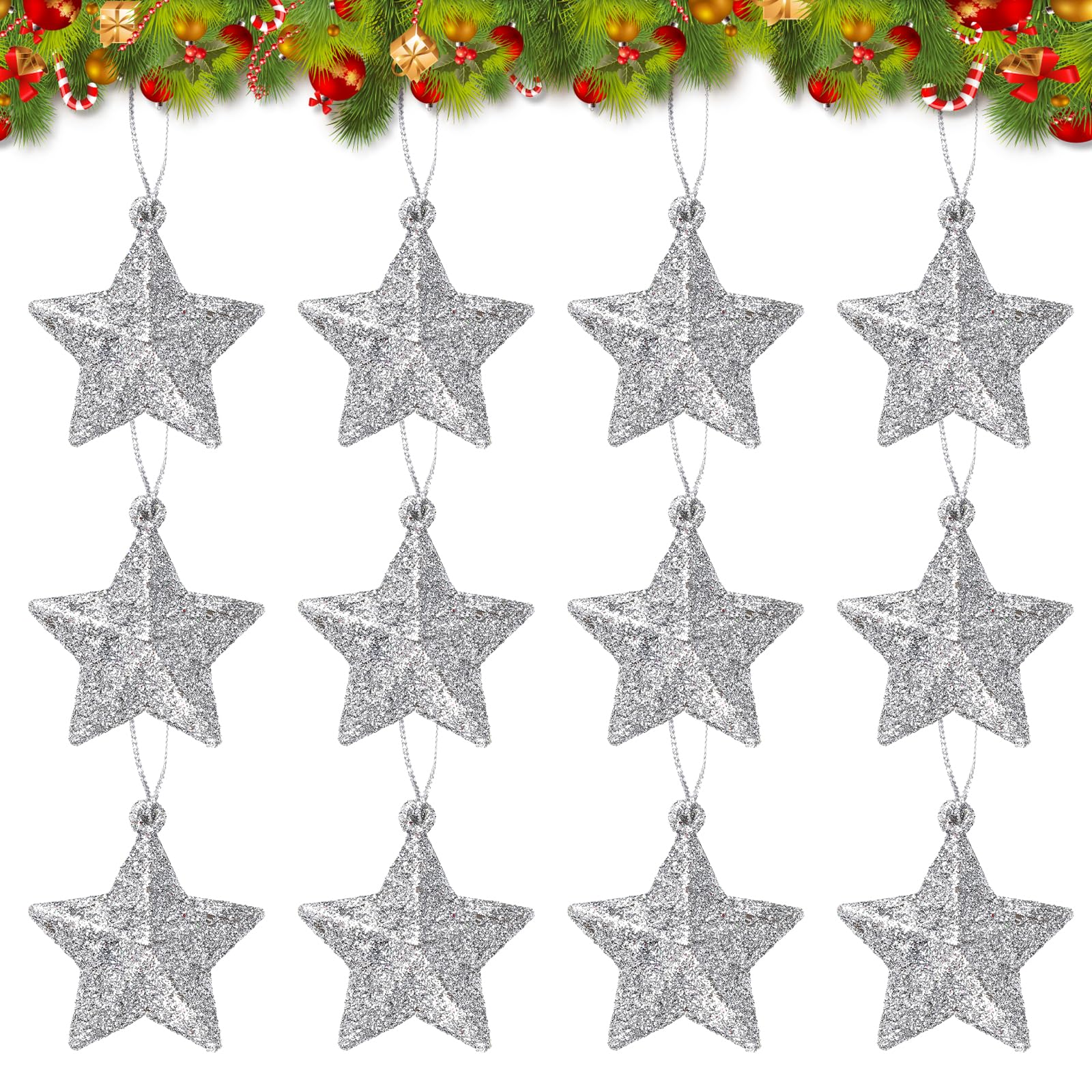 Gukasxi 12Pcs Glitter Stars Hanging Ornaments Christmas Tree Decorations 5cm Pentagram Hanging Ornaments 3D Glitter Star Pendants for Xmas Tree Ornament Gift Wrapping Decor (Silver)