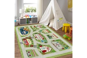 LIVEBOX Green Kids Playroom Rug, 5'x7' Washable Road Rug for Kids Room, Non-Slip Soft Car Rug Play Mat for Baby Nursery, Large City Traffic Rug Classroom for Boys Girls Dorm Toy Room Tent