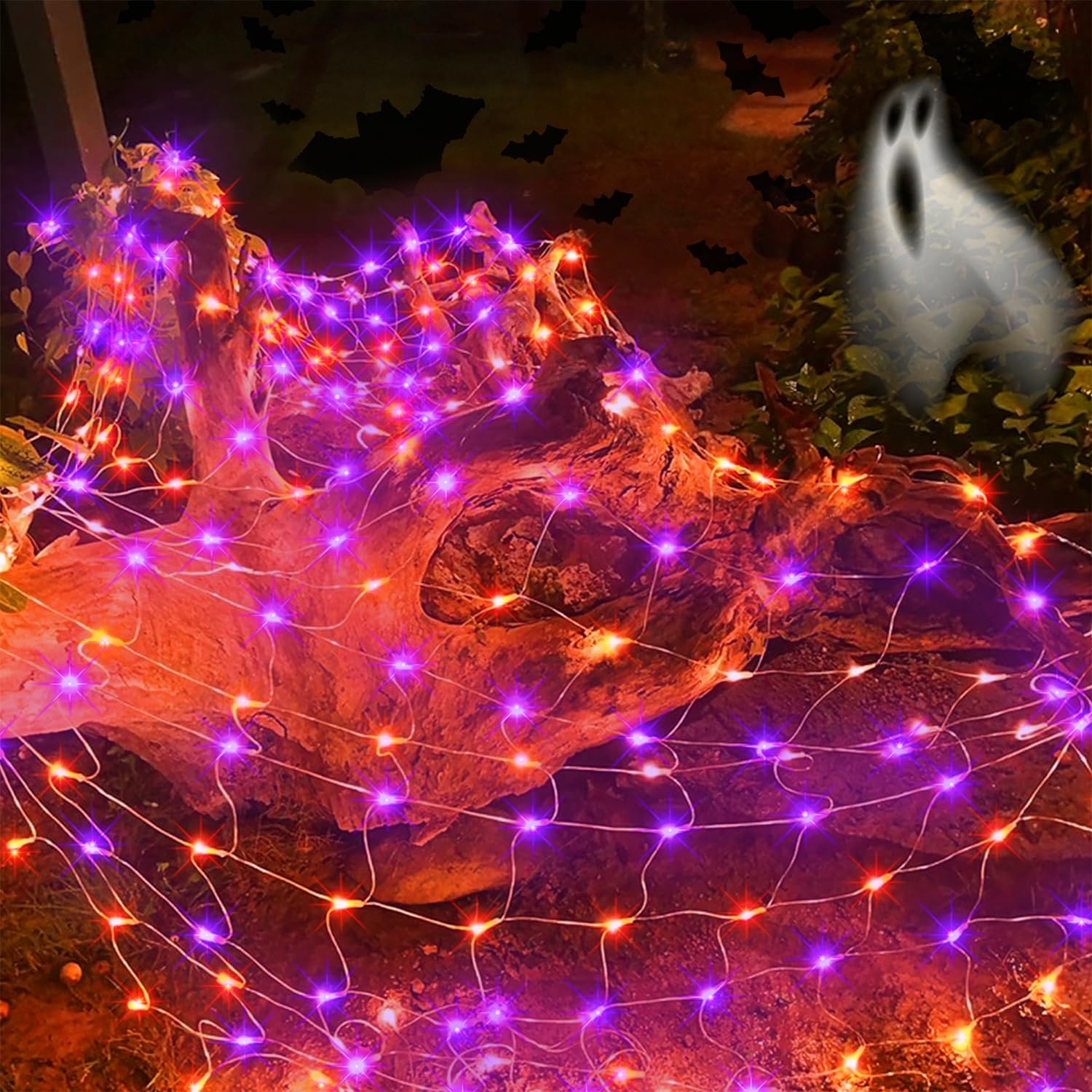 Photo 1 of ******stock photo for reference*****LJLNION Halloween Net Lights, 360 LED 12ft x 5ft Connectable Mesh Fairy String Lights, 8 Modes Low Voltage Safe Adaptor for Xmas Trees Bushes Wedding Outdoor Garden Yard Decorations, Orange & Purple