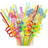 30 Pieces Candy Reusable Plastic Straw for Kids, Colored Party Drinking Straws Kid Straw Decorative with 2 Pieces Cleaning Brush for Kids Candy Lollipop Birthday Party Favors