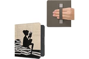 kwmobile Étui compatible avec Kobo Forma - Housse PU avec sangle - Fille et livres - Noir/beige