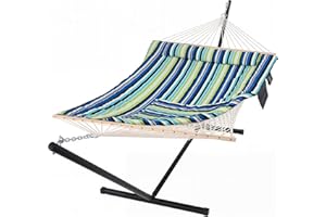 SUNCREAT Hammocks Double Cotton Rope Hammock with Polyester Pad, Heavy Duty Hammock with Steel Stand, Blue&Green