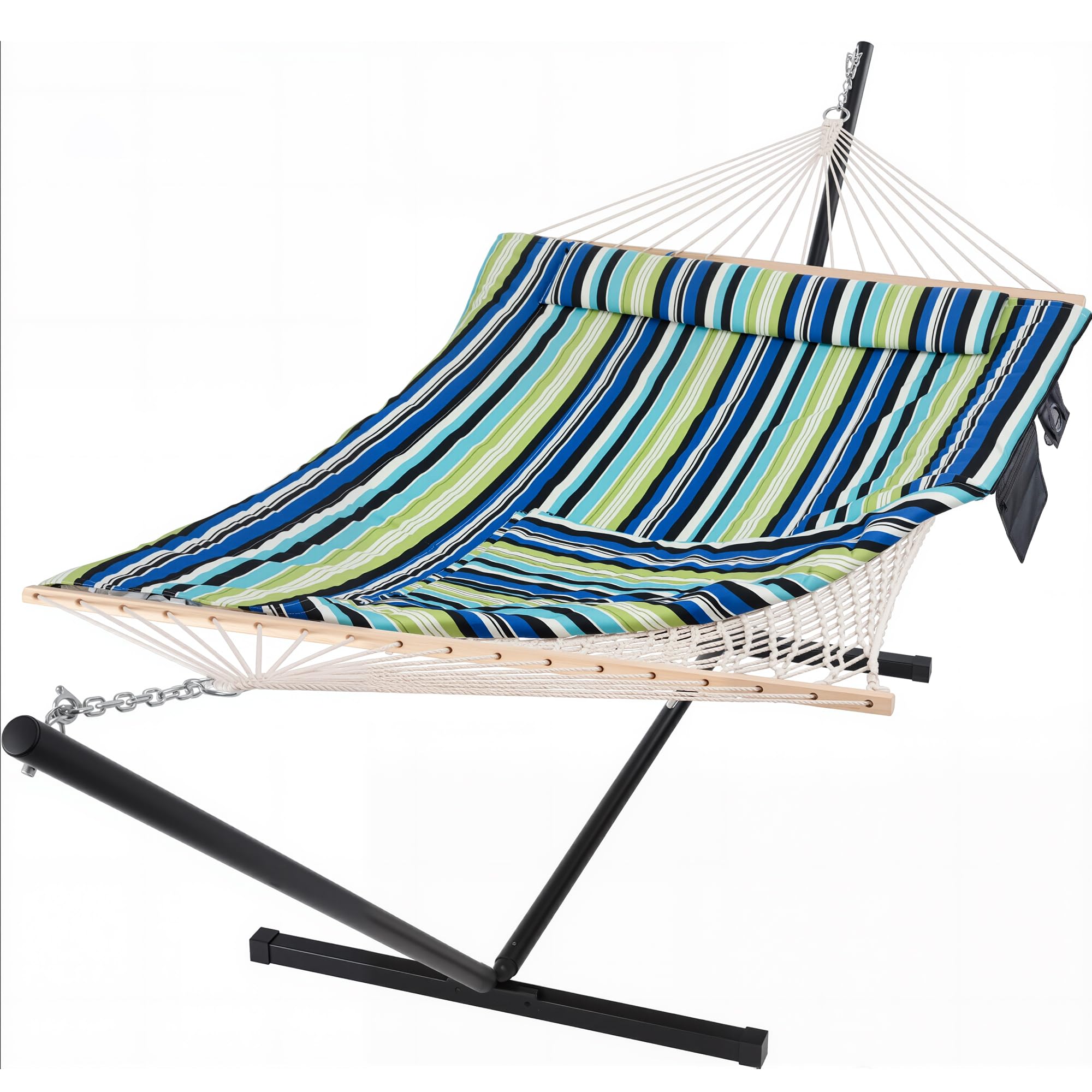 SUNCREAT Hammocks Double Cotton Rope Hammock with Polyester Pad, Heavy Duty Hammock with Steel Stand, Blue&Green Image