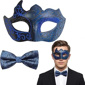 FABLENOVA Masquerade Mask for Men with Bow Tie, Halloween Mardi Gras Prom Party Costume