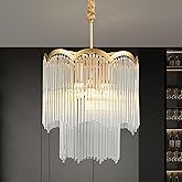 Faibra 12.52" Gold Clear Glass Crystal Pendant Light 5-Light Modern Crystal Pendant Ceiling Light Fixture 2-Tier Luxury Glass