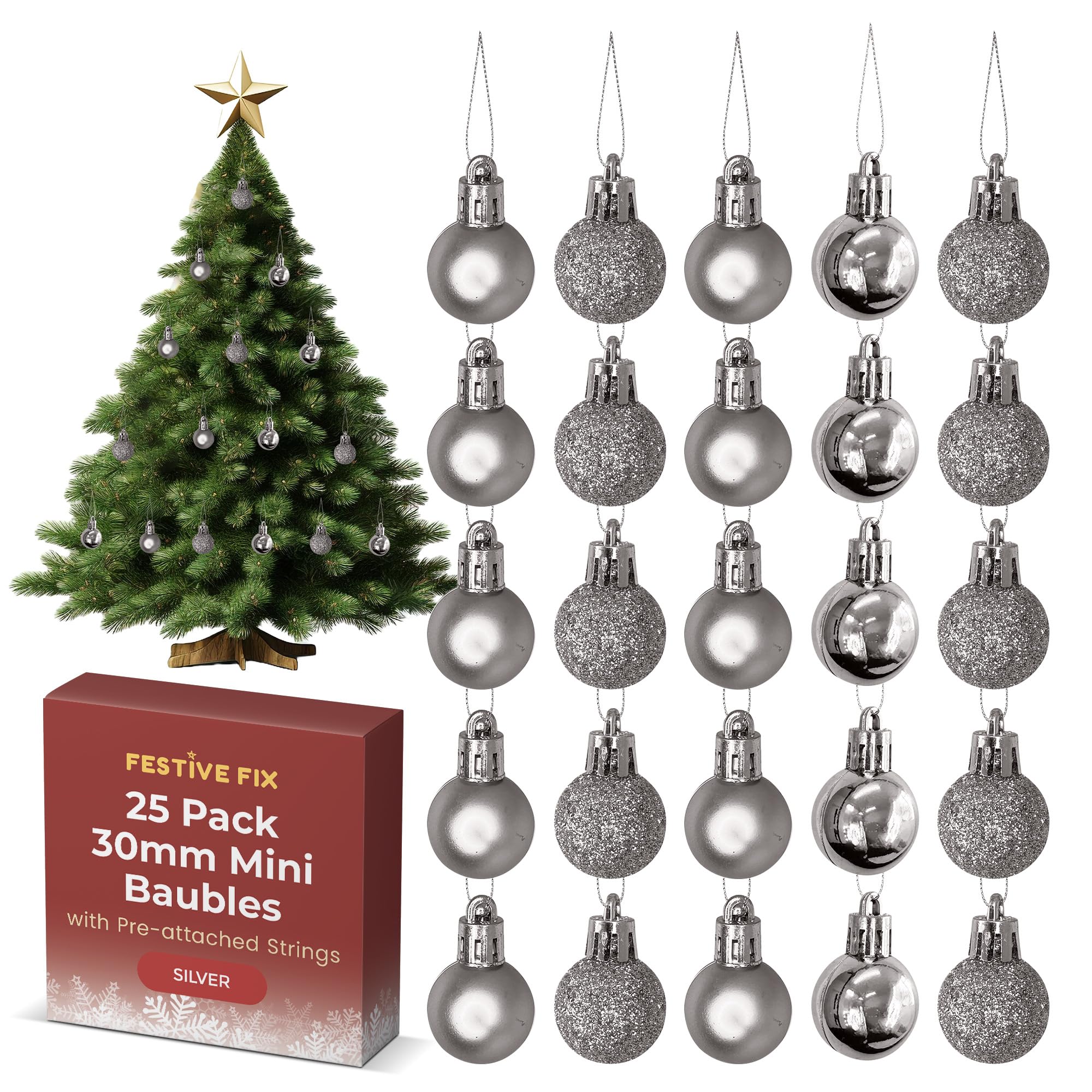 Festive Fix 25 Silver Mini Christmas Baubles – Shatterproof, Lightweight Small Tree Decorations for Xmas, Home, Party & Festive Displays