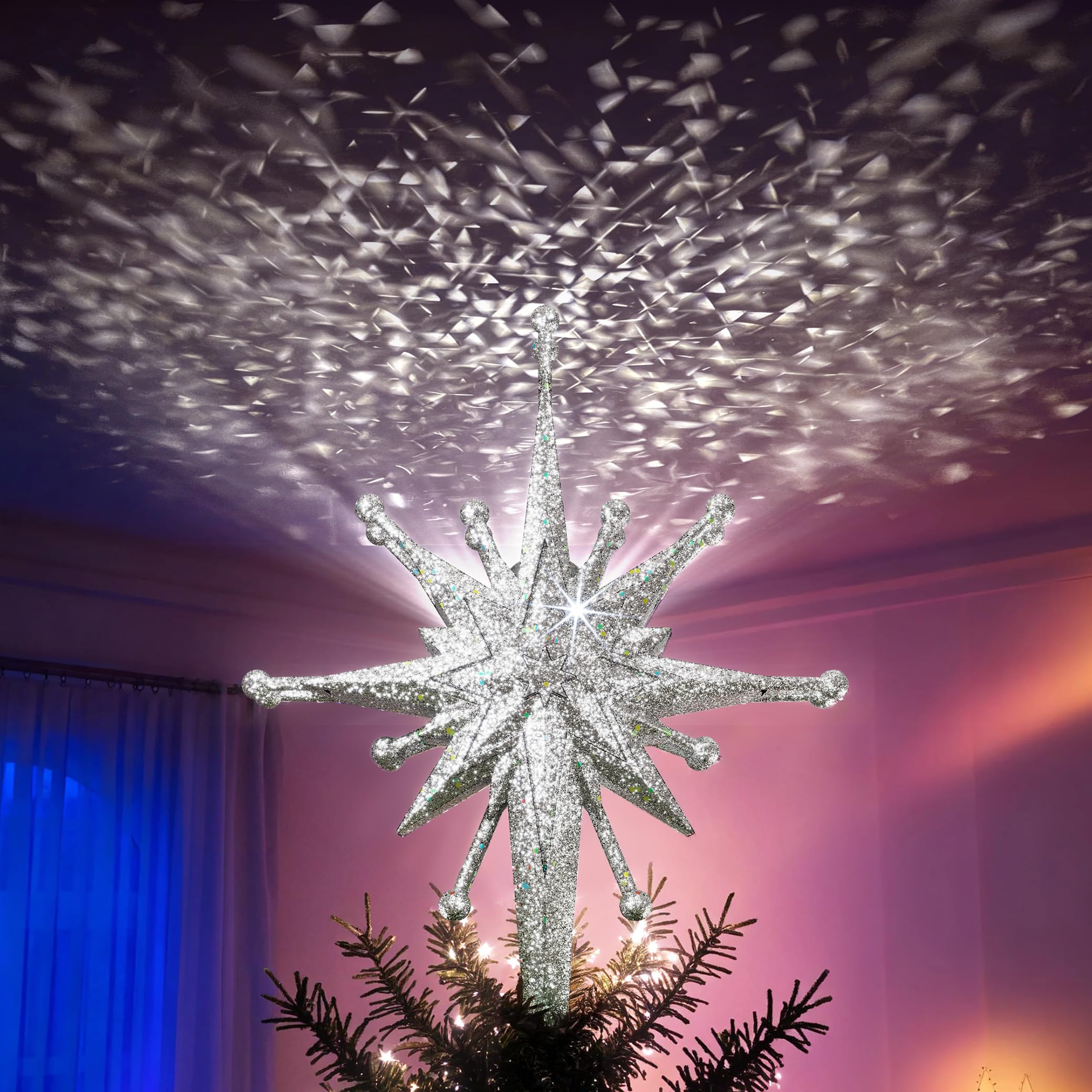 Photo 1 of 2025 Upgraded Christmas Tree Topper Projector Light with Rotating Bright LED & Wide Coverage, Universal Fit for Any Height Tree, Easy Install, Stable Base, Holiday & Party Decorations (Frosted Silver)