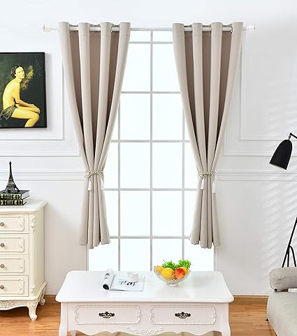 iTextilogie Gardinen Vorhang Blickdicht mit Ösen | Thermogardine Verdunklungsgardine | Einfarbige Vorhänge 175x140 cm Beige 2