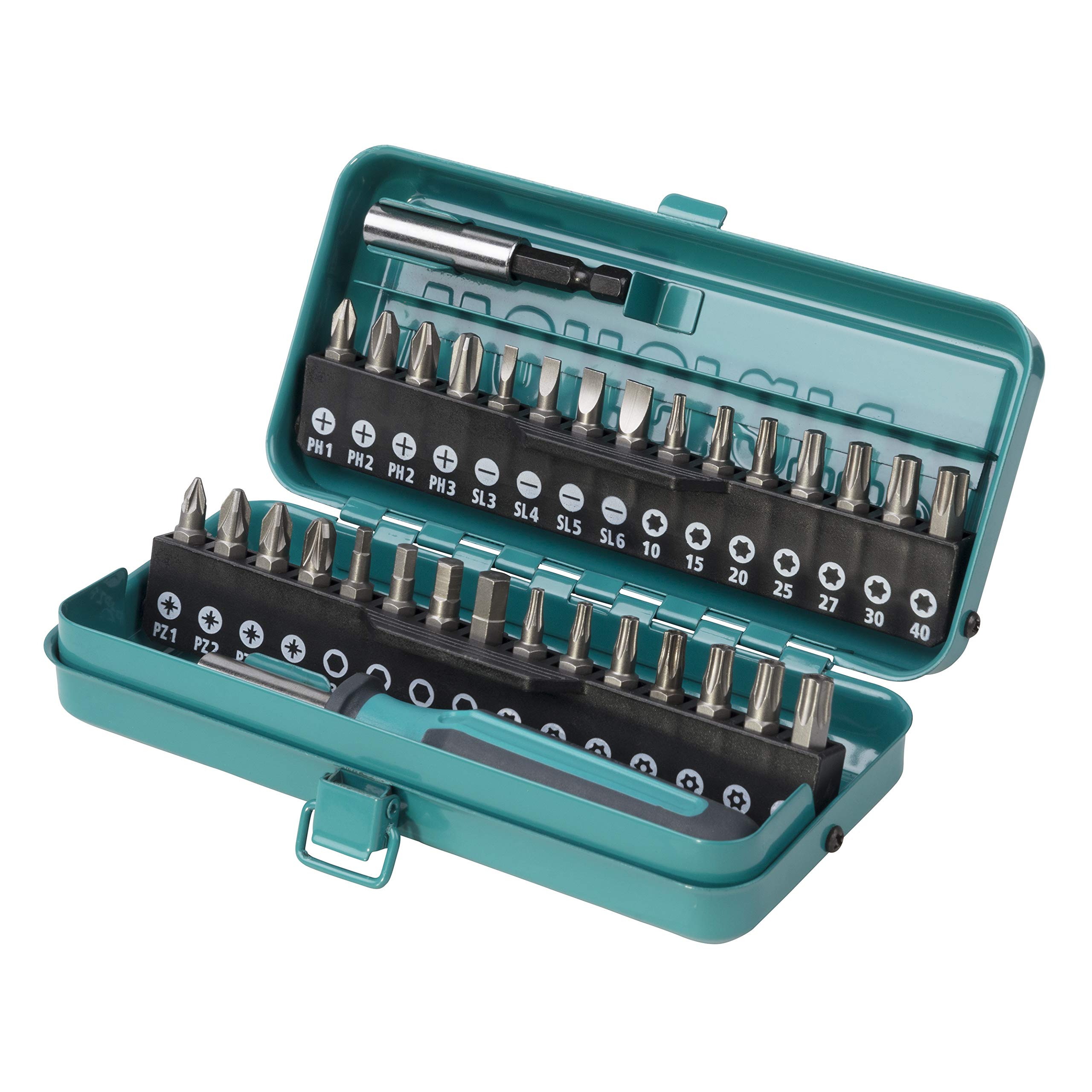 Wolfcraft Box Flat / Crosshead (PH/PZ) / TORX® (T) / TORX® With Bore Hole / Hexagonal, 32 Pcs. I 1388000 I Metal Cassette with 30 Solid Bits in Various Sizes, Bit Holder and Hand Screwdriver