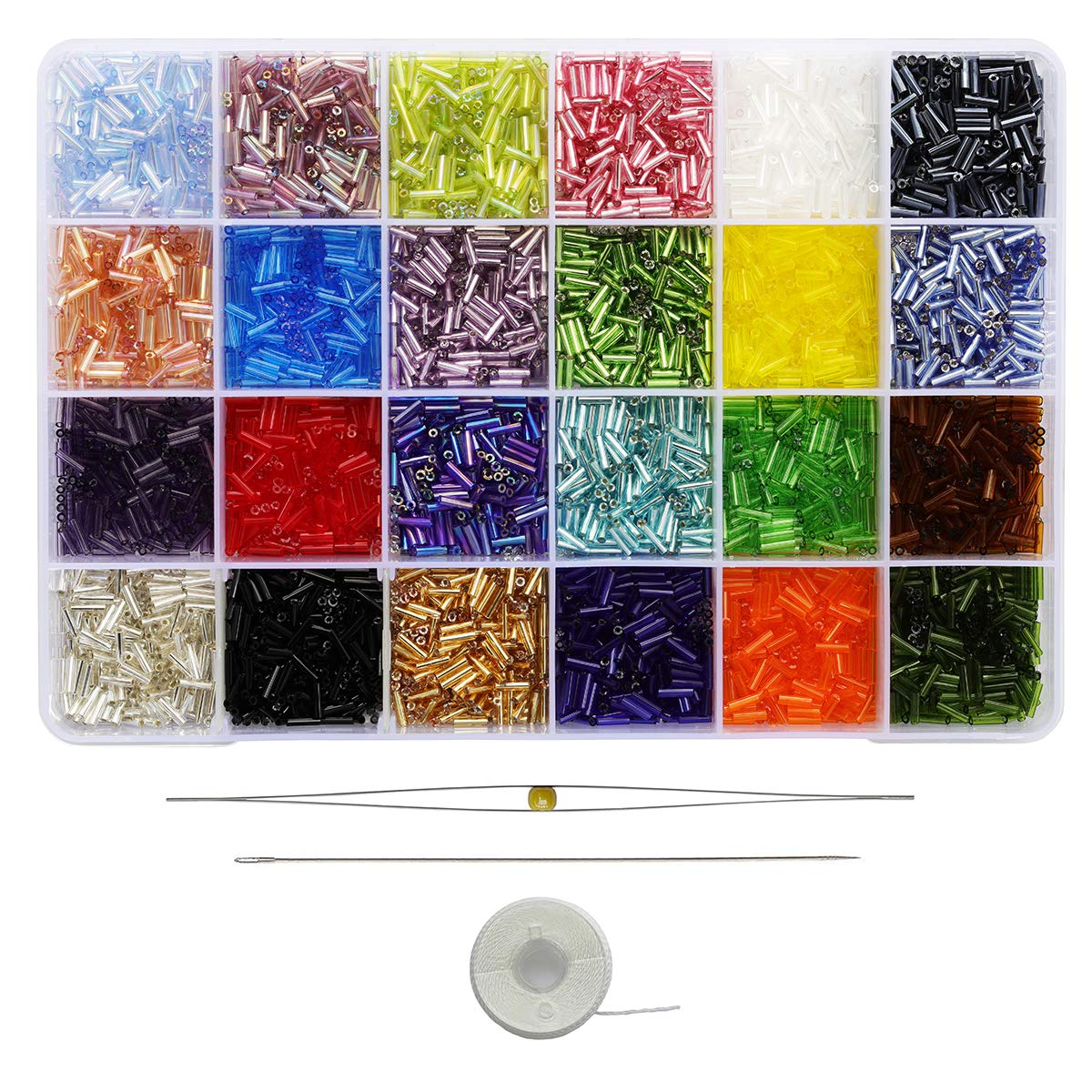 BALABEAD Size 6mm Glass Bugle Beads with Beading Needles About 7200pcs in Box,24 Multicolor Assortment Length 6mm Tube Beads for Jewelry Making (300pcs/Color, 24 Colors)