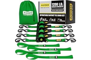 AUGO Retractable Ratchet Straps – 1" x 10' – 1200Lb Breakstrength – 4 Heavy Duty Self Retracting Tie Downs with Safety Lock S Hooks, Soft Loops & Storage Bag – for Motorcycle,Tree Stand,Bed,Boat,Cargo
