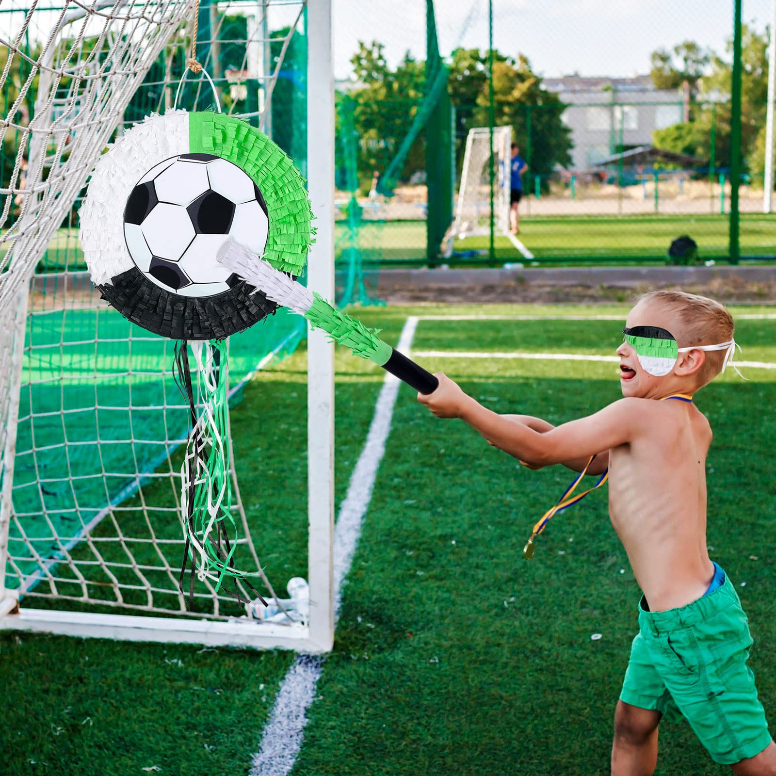 Deekin 3 Pcs Soccer Ball Piñata Set Include Piñata with Stick Eye Mask Soccer Ball for Kids Music Science School Sports Bridal Shower Birthday Party Decorations Supplies