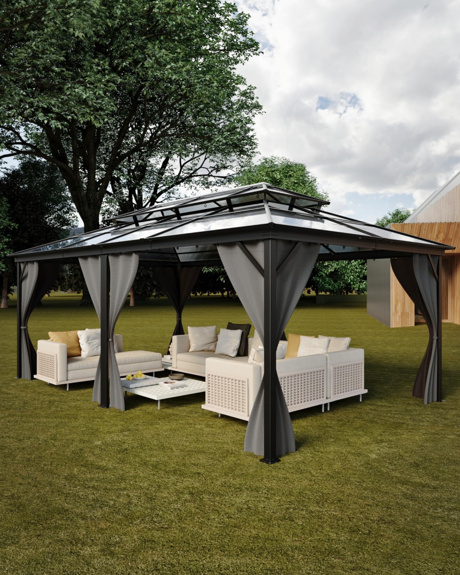 Photo 1 of ***PARTIAL SET***BOX 4 OF 6***GarveeLife Hardtop Gazebo 12 ft x20 ft for All Weather, Double Polycarbonate Sheets Roof, Aluminum Alloy Frame, Net, and Curtain, Permanent Building for Patio, Deck, Backyard, Lawn, and Garden