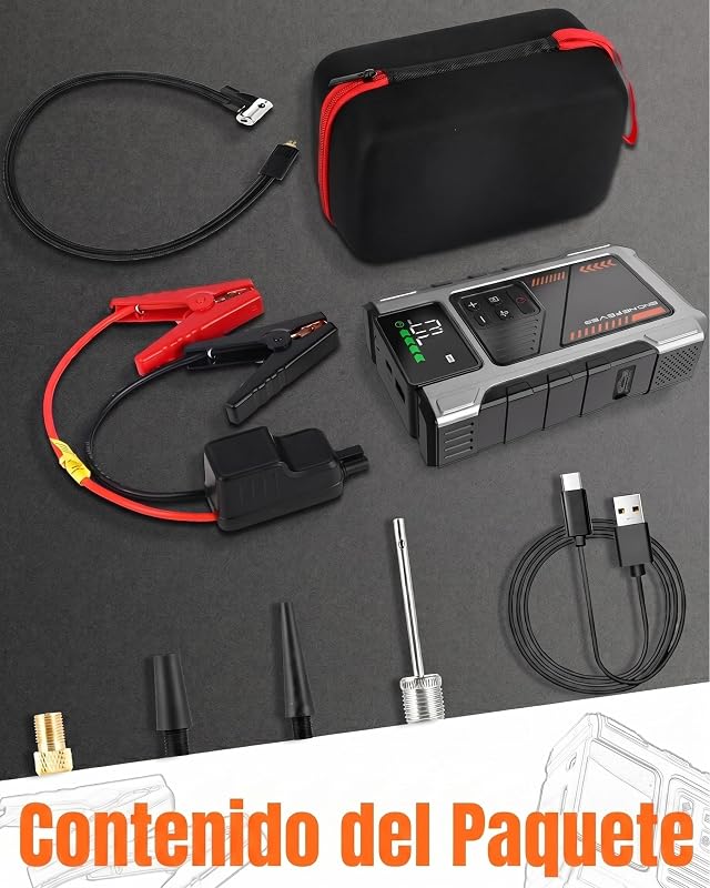 Motor de arranque da bateria do carro com compressor de 150 PSI, motor de arranque de 6000A (para gasolina 9.0L ou diesel 7.5L), amplificador de bateria de 12V com ecrã LCD, lanterna LED