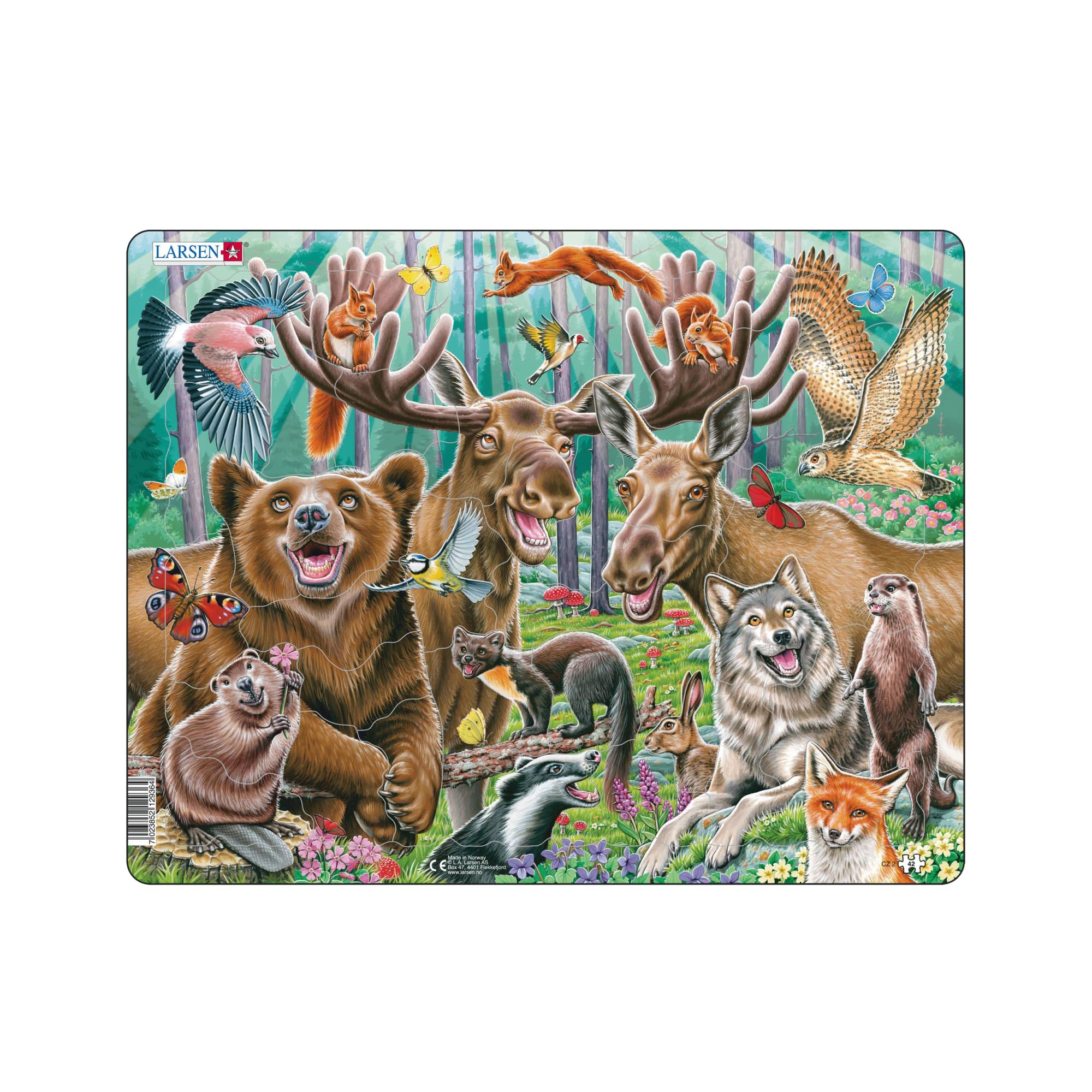 Larsen Forest Animals Puzzle for Kids – Educational Happy Forest Jigsaw (42 Pieces) – Memory Game, Contour & Animal-Shaped Pieces, Tray & Frame, Ages 4+