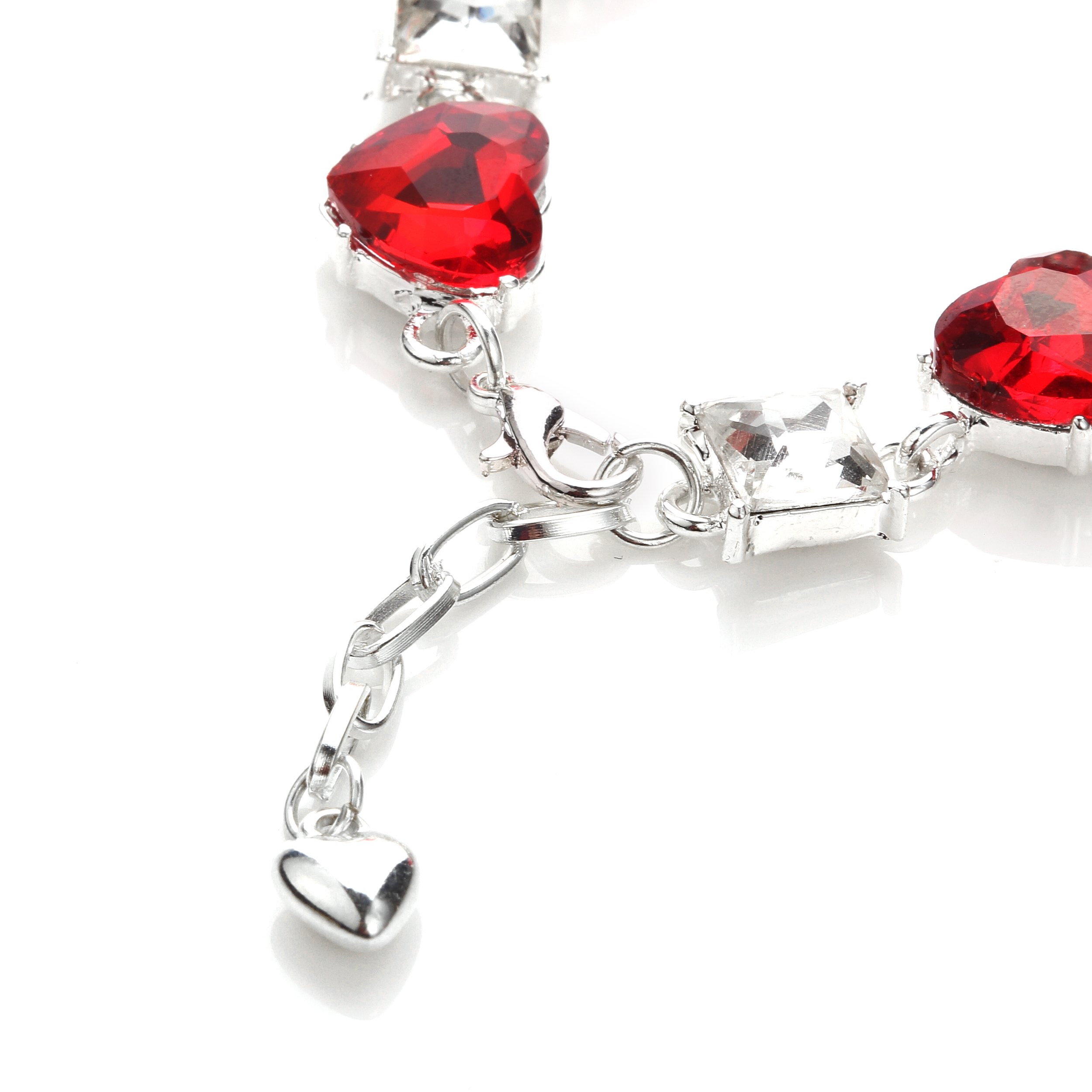 NOVADAB Red Heart Gem Tennis Bracelet, Silver Plated Red and White Stone Studded Perfect Fit Bracelet – 6.5”