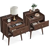 VASAGLE Nightstands, Set of 2, with Hidden Drawers, Solid Wood Legs | Mid-Century Bedside Tables, End Tables for Bedroom, Natural Walnut, MIRANTA Collection ULET624K01S