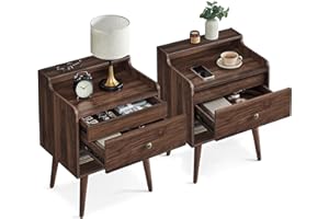 VASAGLE Nightstands, Set of 2, Bedside Tables with Hidden Drawers, Mid-Century End Side Tables with Solid Wood Legs, for Bedroom, Natural Walnut ULET624K01
